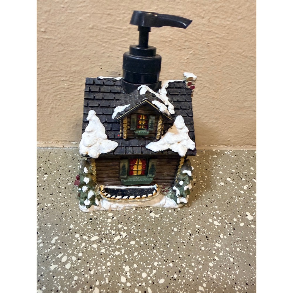 Winter Log Cabin Soap Dispenser Snow Covered Lake Lodge Moose Decor - Picture 4 of 6